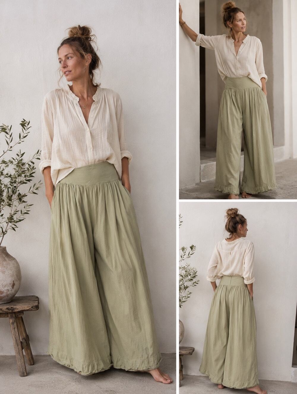 Luna Luz Pull-On High Rise Fold Over Cotton Wide Leg Pants in Olive, Size Small